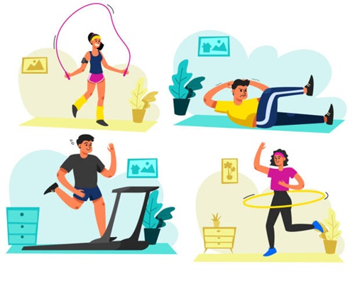 Vector of people doing different types of workout (woman rope jumping, man doing abs working out, man running on a treadmill and woman hula hooping)