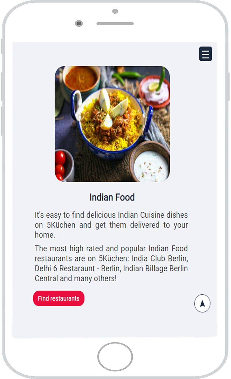 Smartphone screen with Indian Food section of 5Küchen opened